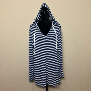 La Blanca top women medium knit striped long sleeve hooded sweater blue & white